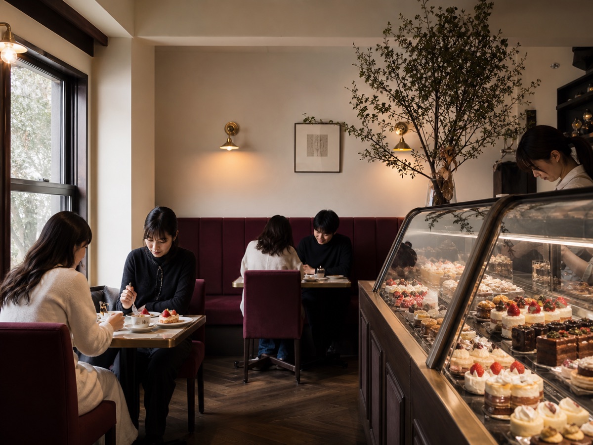 真鍮と深い木色を使ったパティスリーの店内